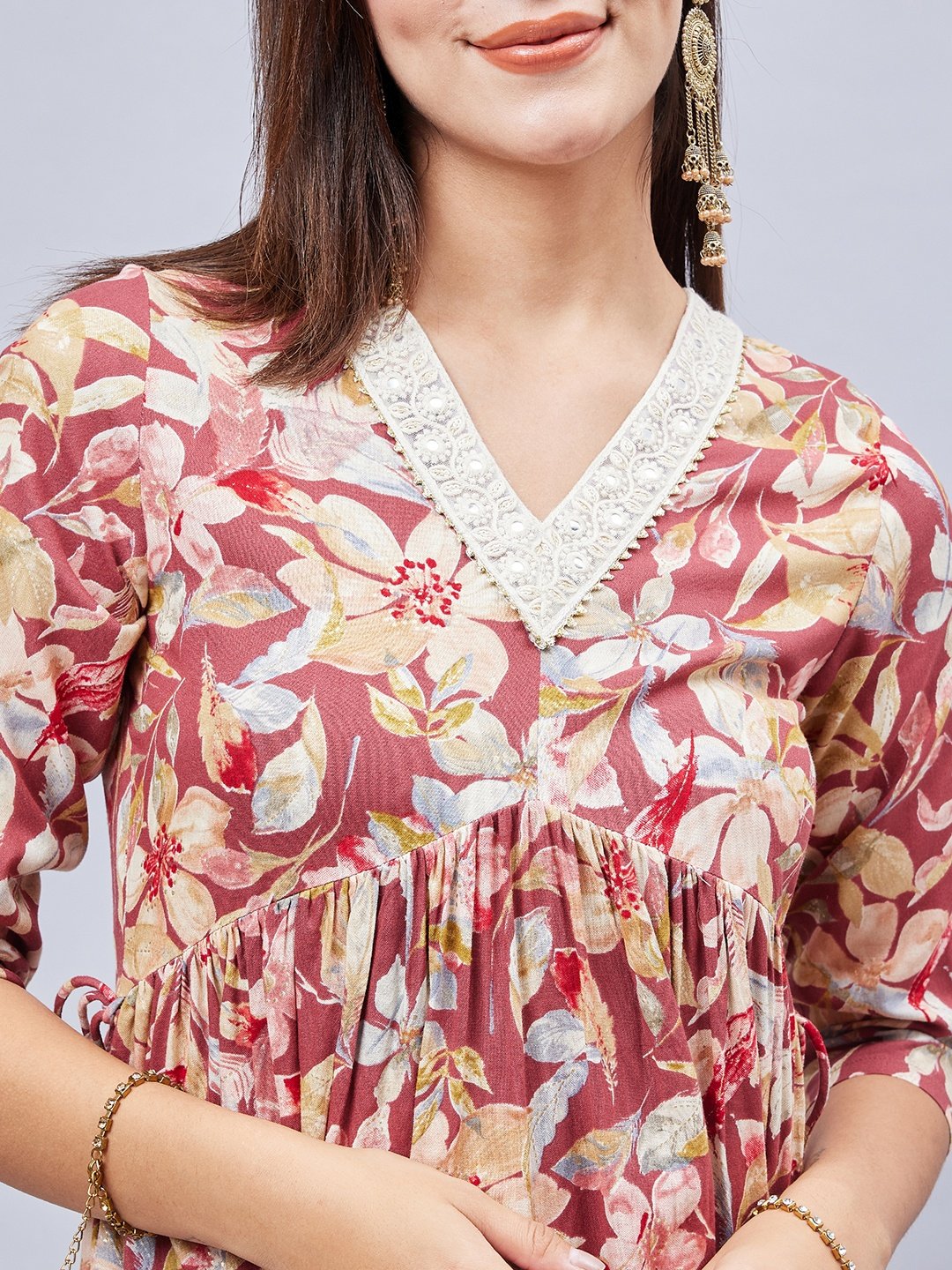 Rust Floral Rayon V-Neck Kurta with Regular Pants Set