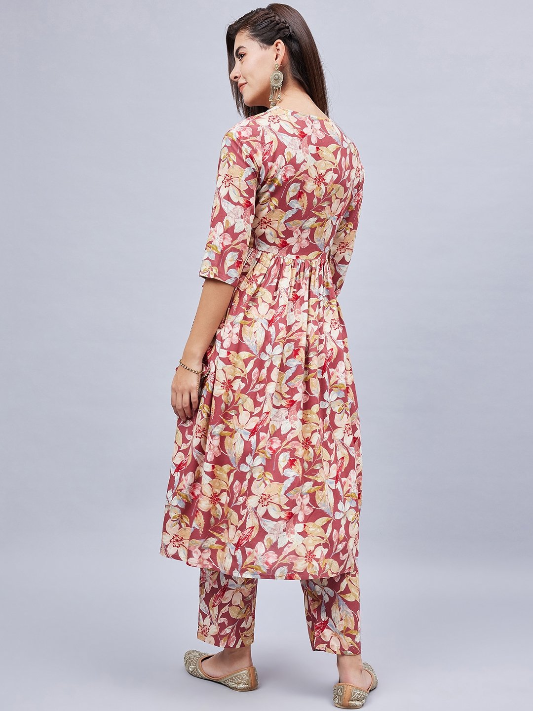 Rust Floral Rayon V-Neck Kurta with Regular Pants Set