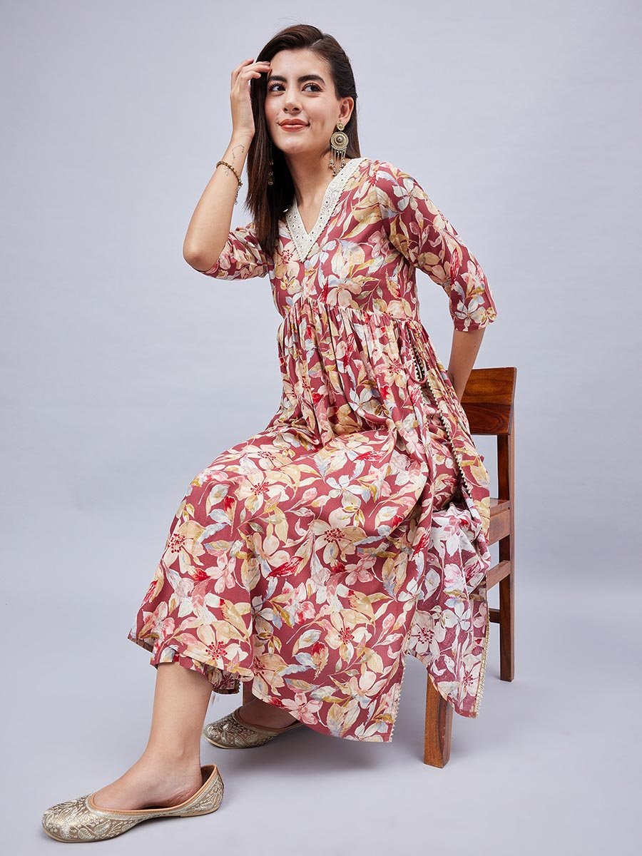 Rust Floral Rayon V-Neck Kurta with Regular Pants Set