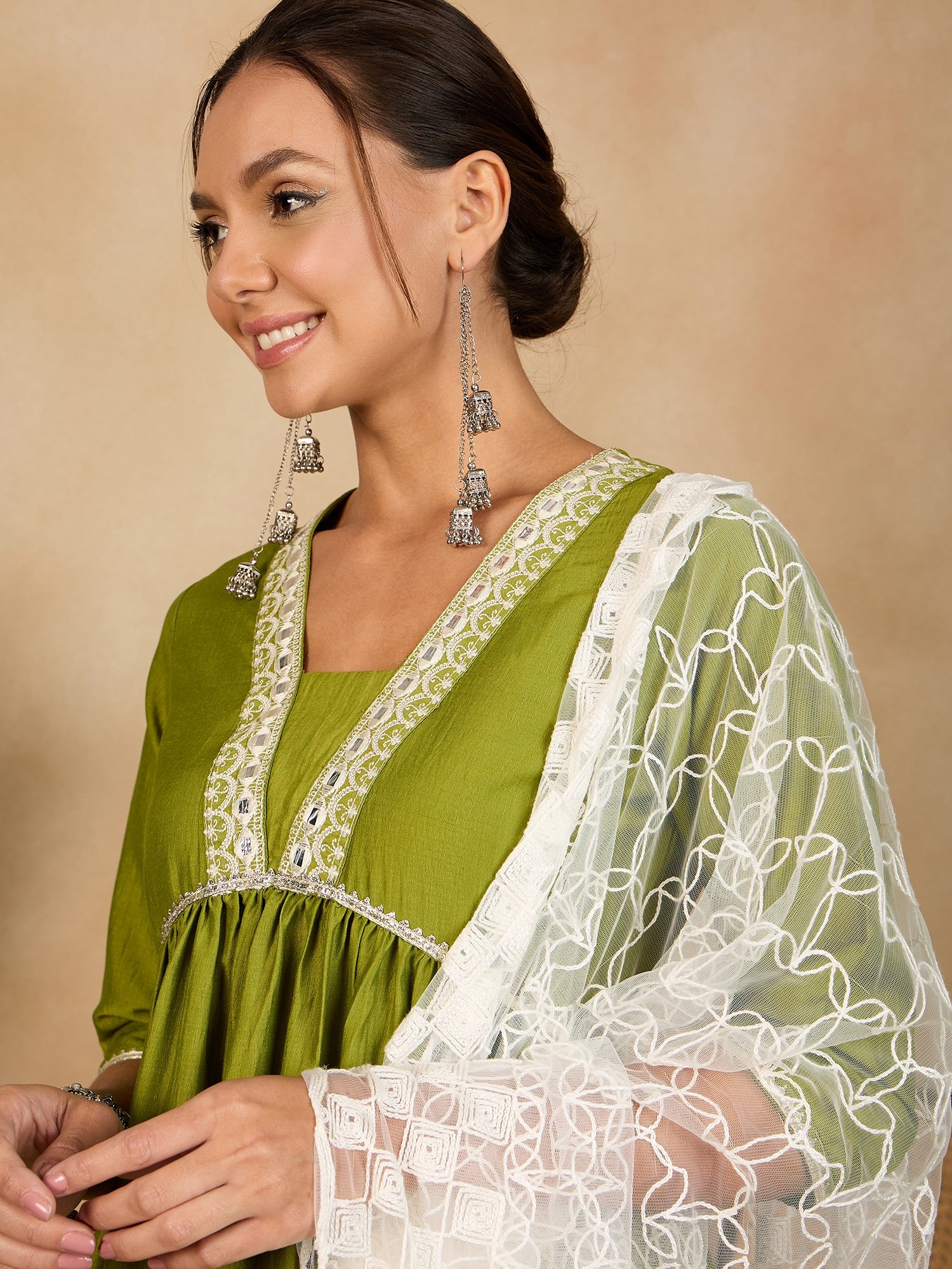 Embroidered V-Neck Silk Blend Kurta Set with Dupatta