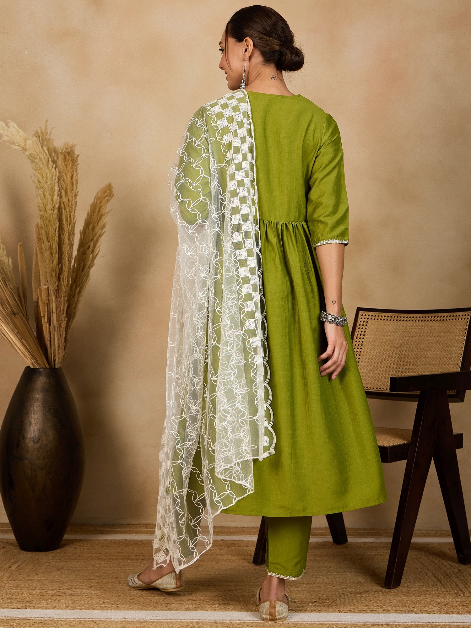 Embroidered V-Neck Silk Blend Kurta Set with Dupatta