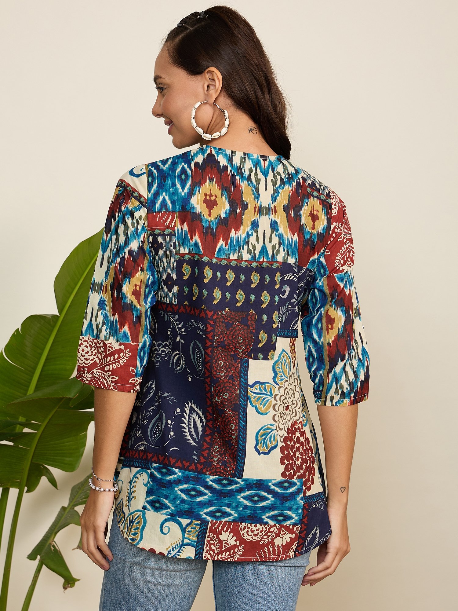 Multi-Print 3/4 Sleeve Patchwork Tunic Top