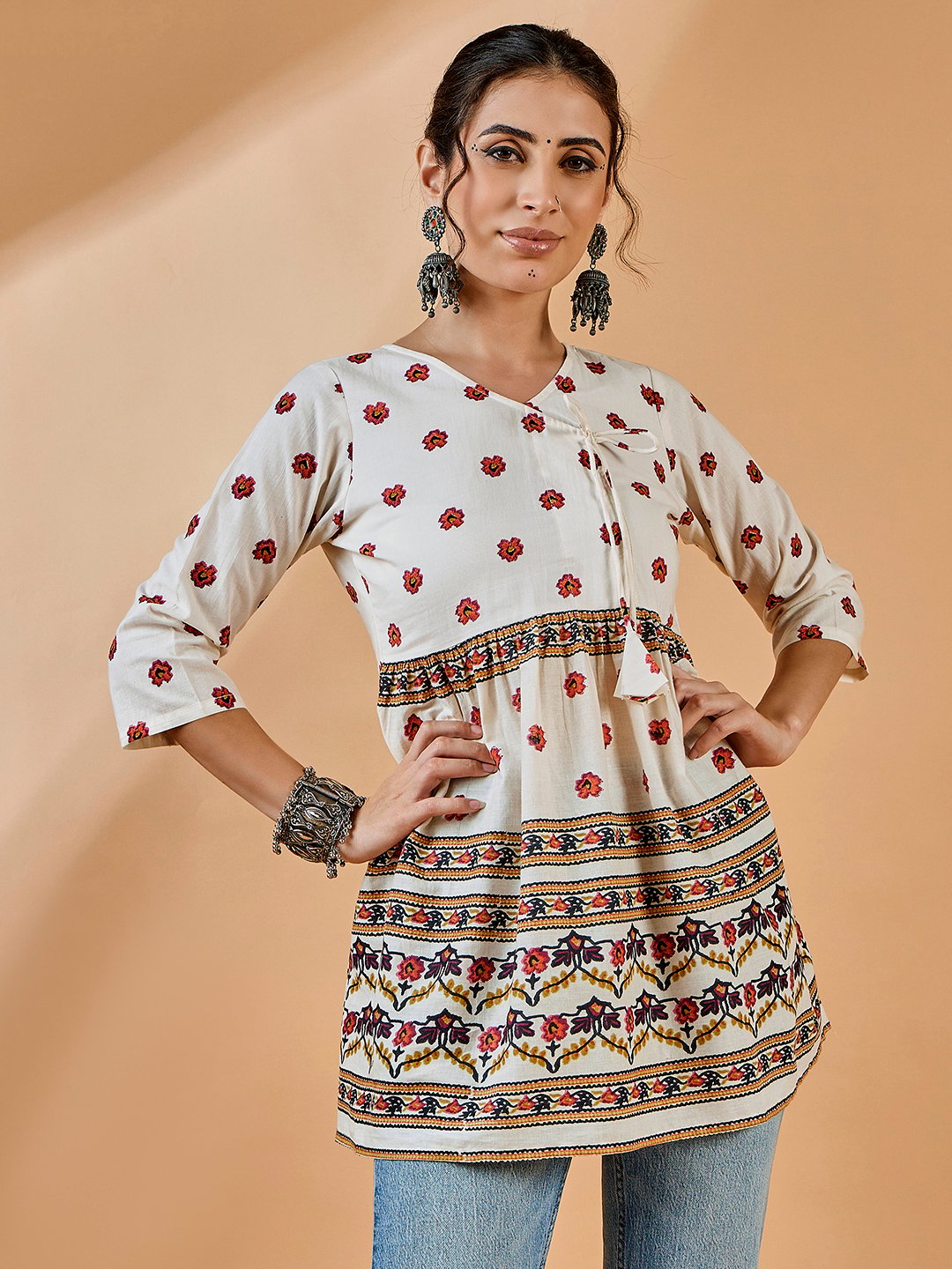 Off-White Floral Print Tunic with 3/4 Sleeves