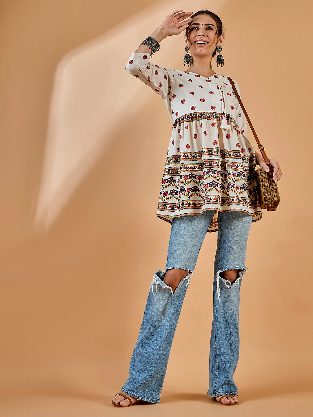 Off-White Floral Print Tunic with 3/4 Sleeves