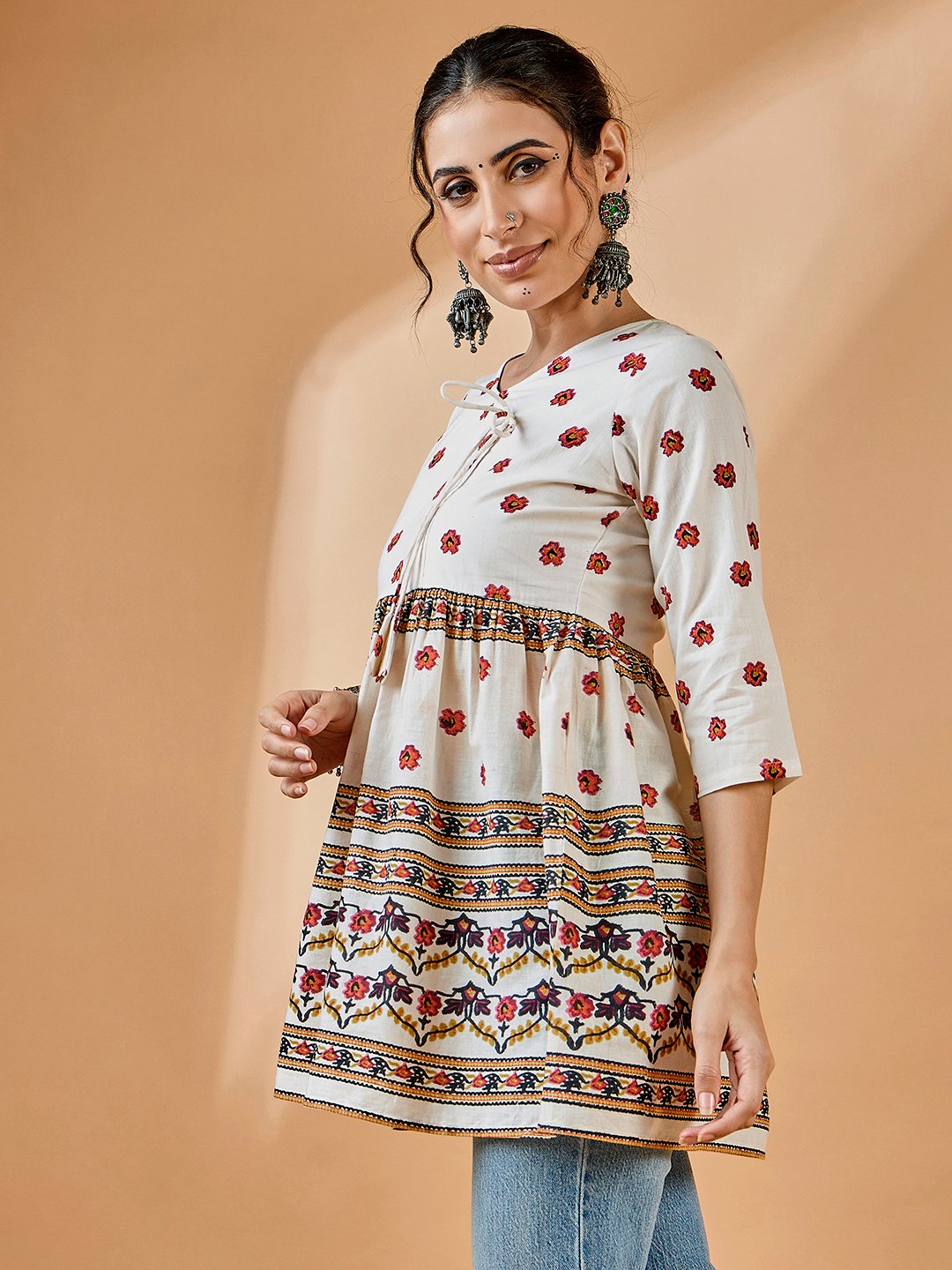 Off-White Floral Print Tunic with 3/4 Sleeves