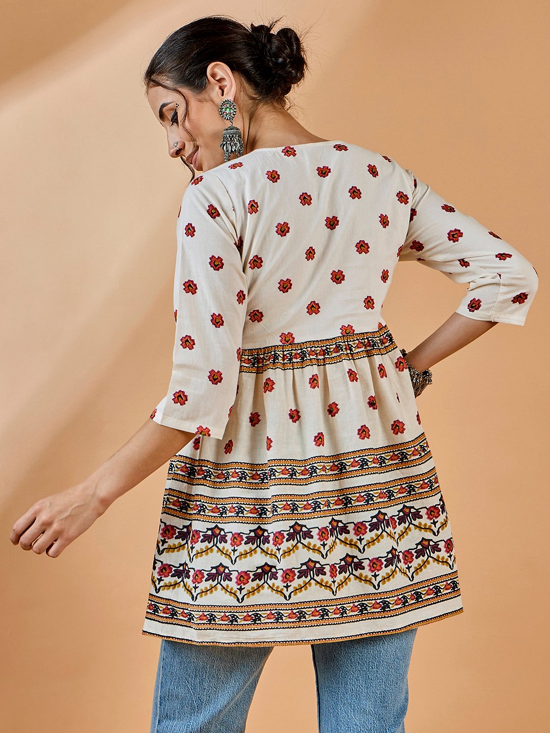 Off-White Floral Print Tunic with 3/4 Sleeves