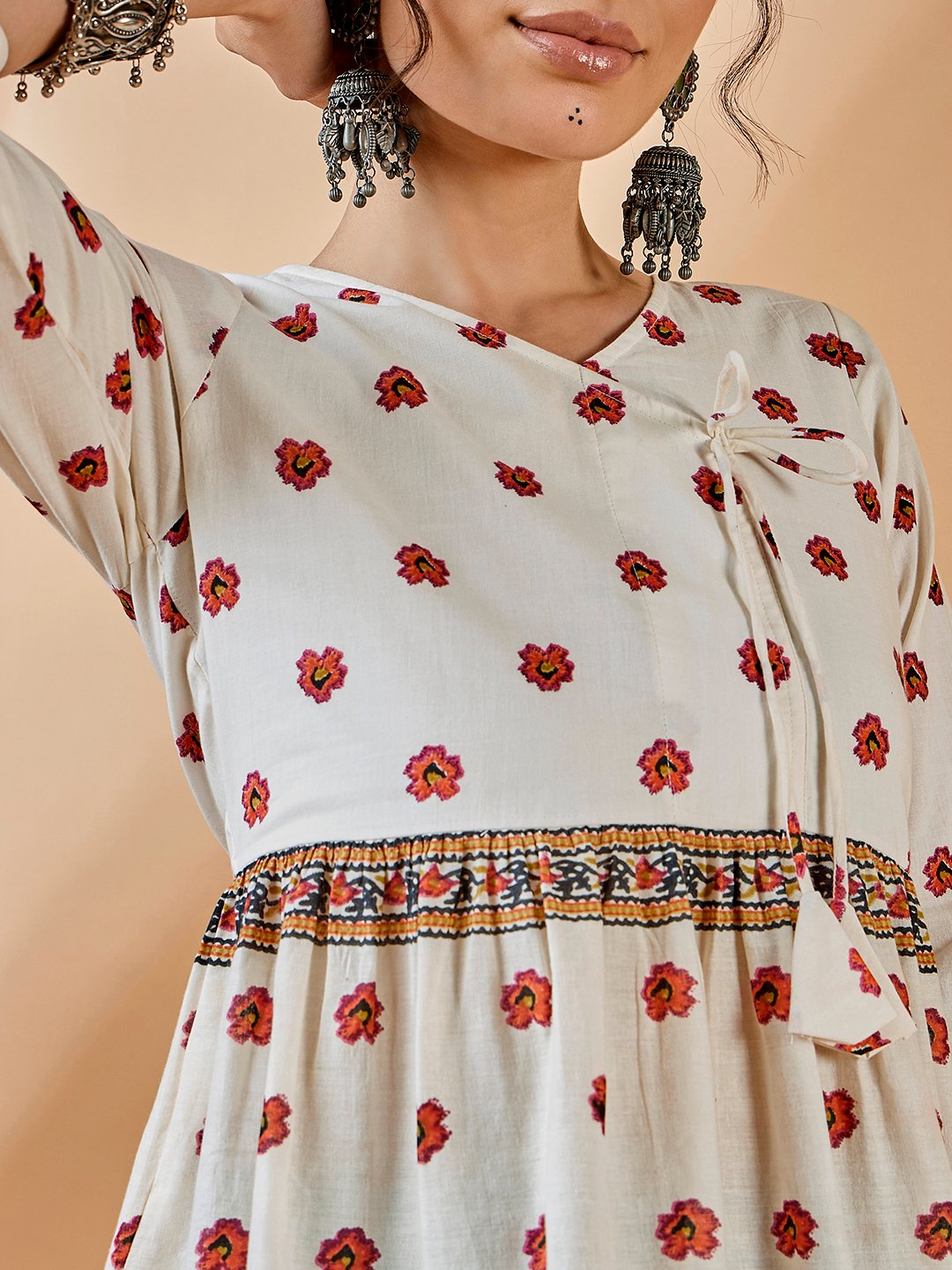 Off-White Floral Print Tunic with 3/4 Sleeves