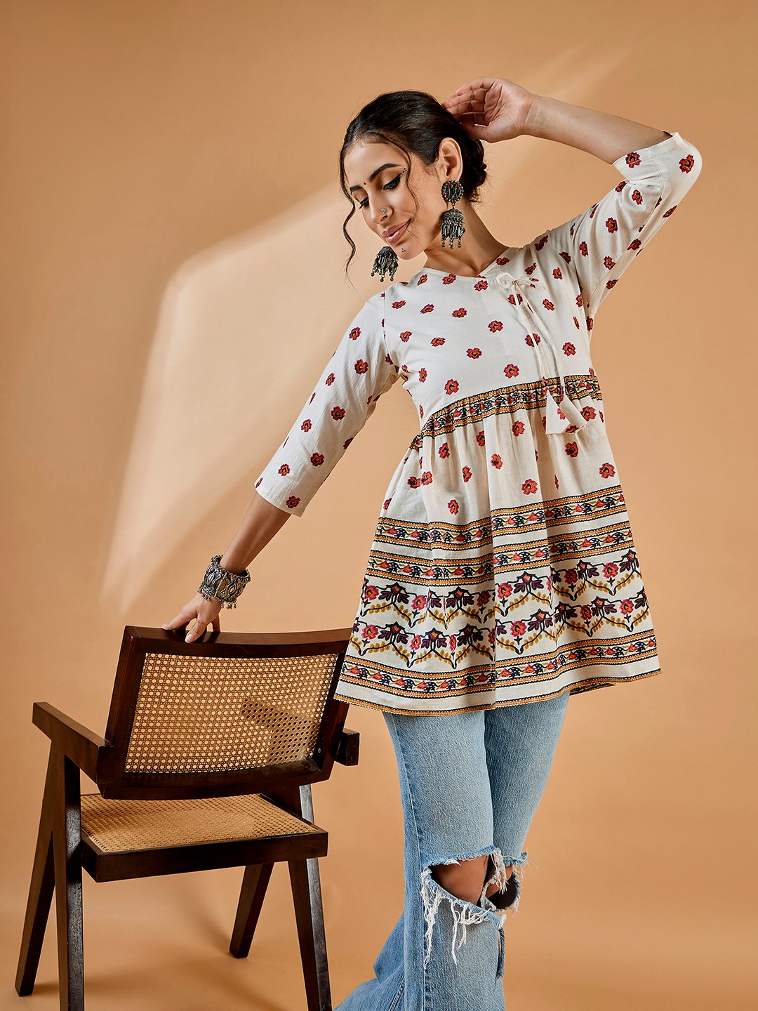 Off-White Floral Print Tunic with 3/4 Sleeves