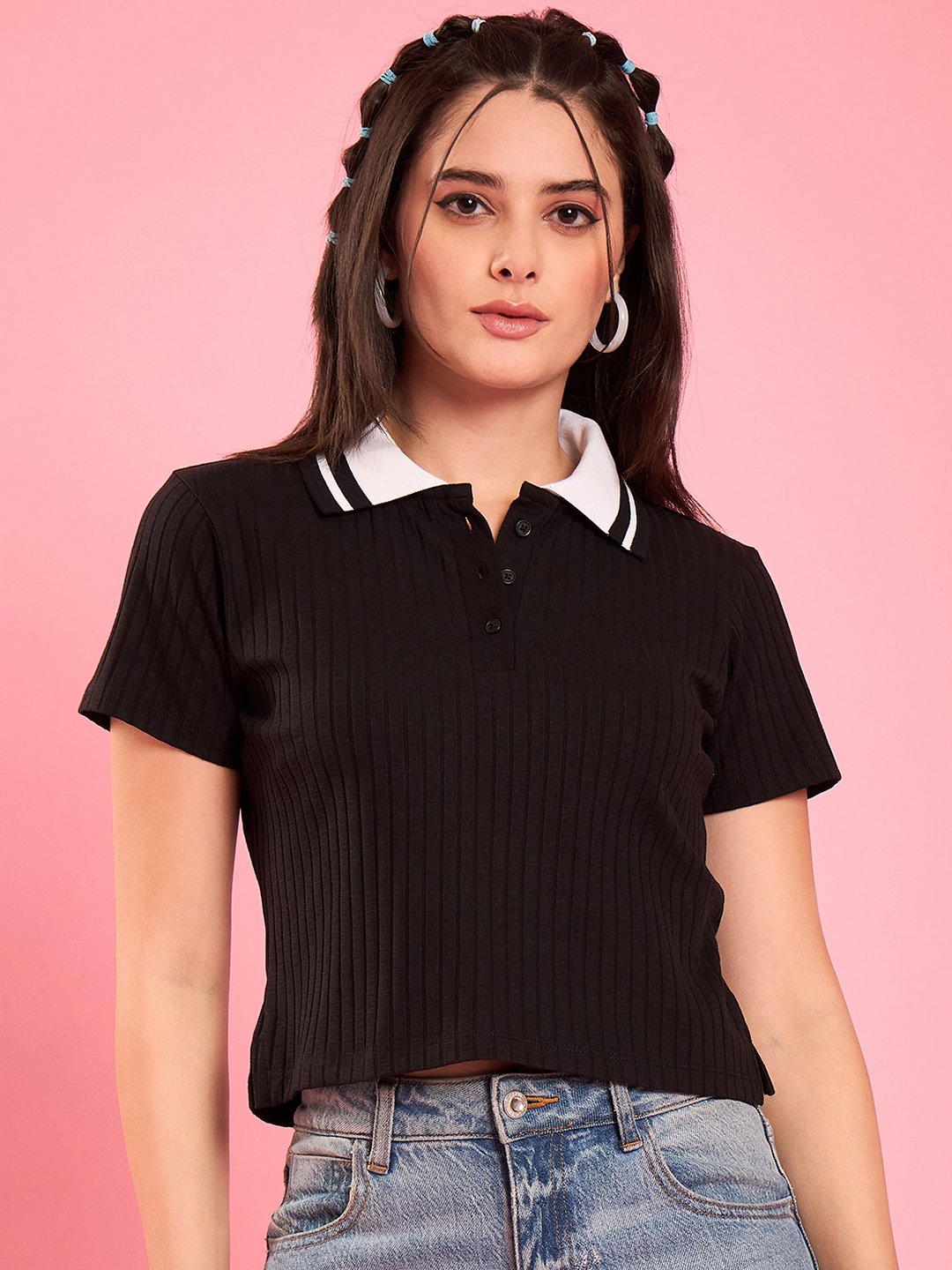 Black Ribbed Short Sleeve Polo T-Shirt