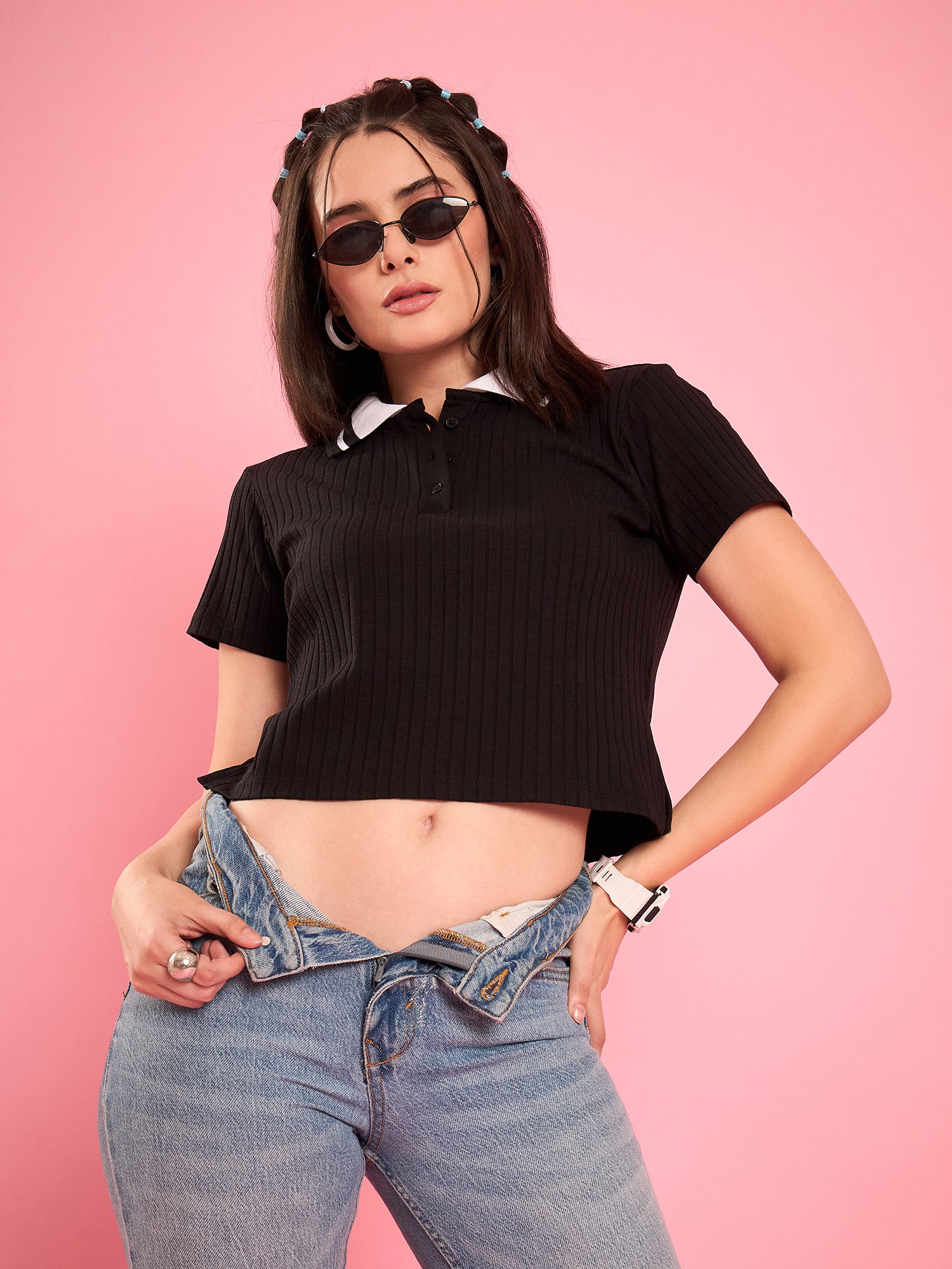 Black Ribbed Short Sleeve Polo T-Shirt
