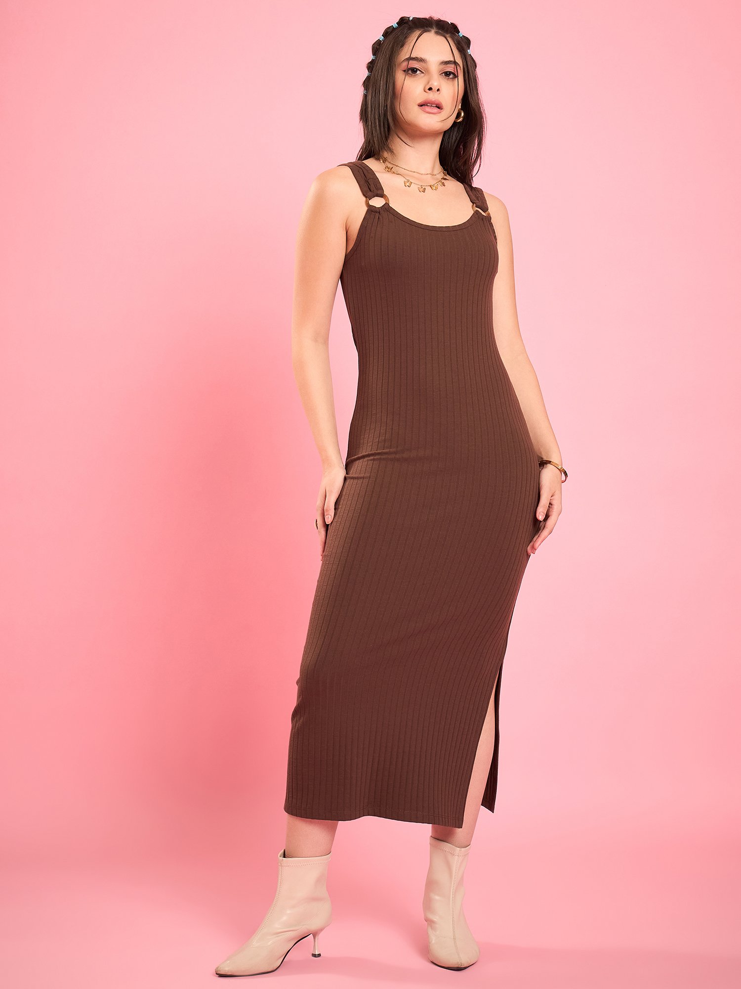 Brown Ribbed Midi Dress with Slit
