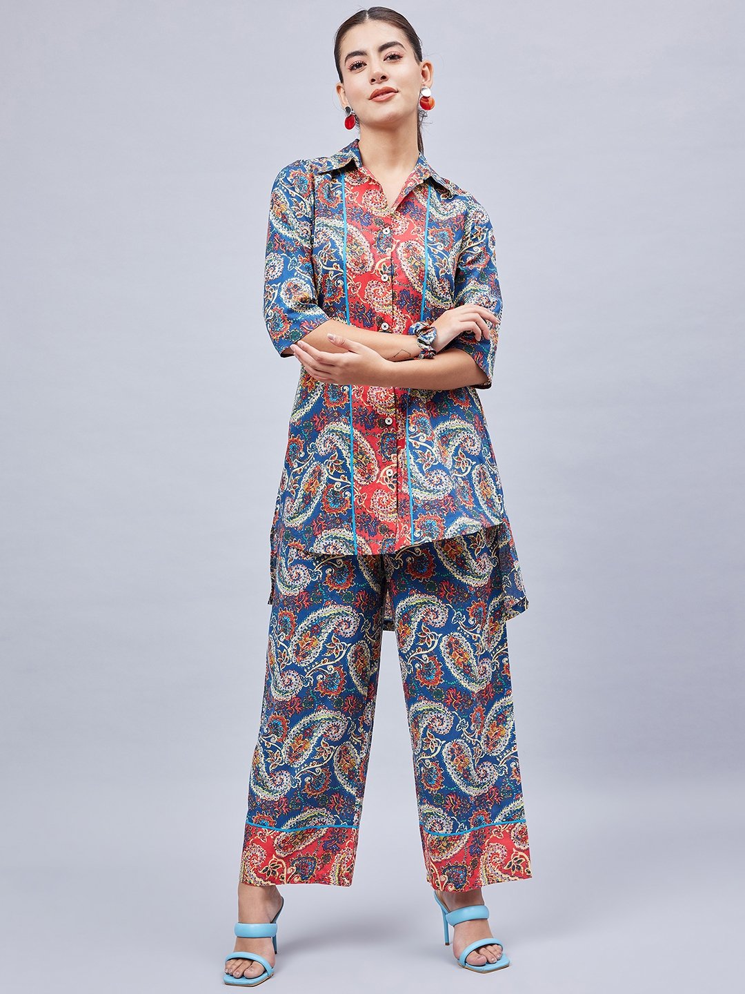 Blue Paisley Print Shirt and Wide Leg Pants Co-ord Set