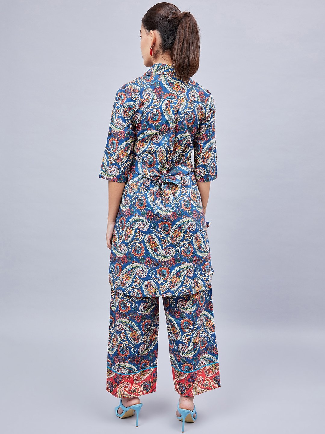 Blue Paisley Print Shirt and Wide Leg Pants Co-ord Set