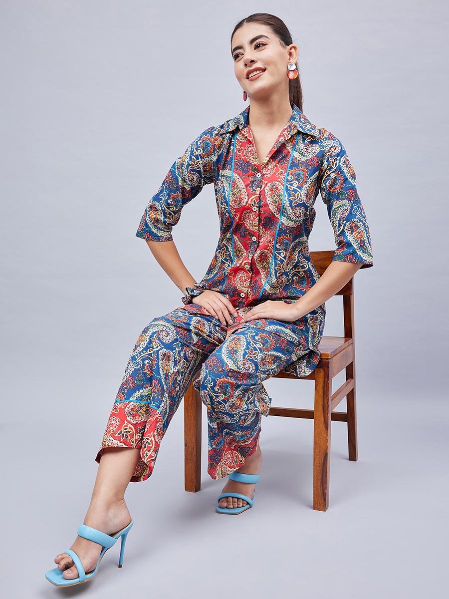 Blue Paisley Print Shirt and Wide Leg Pants Co-ord Set