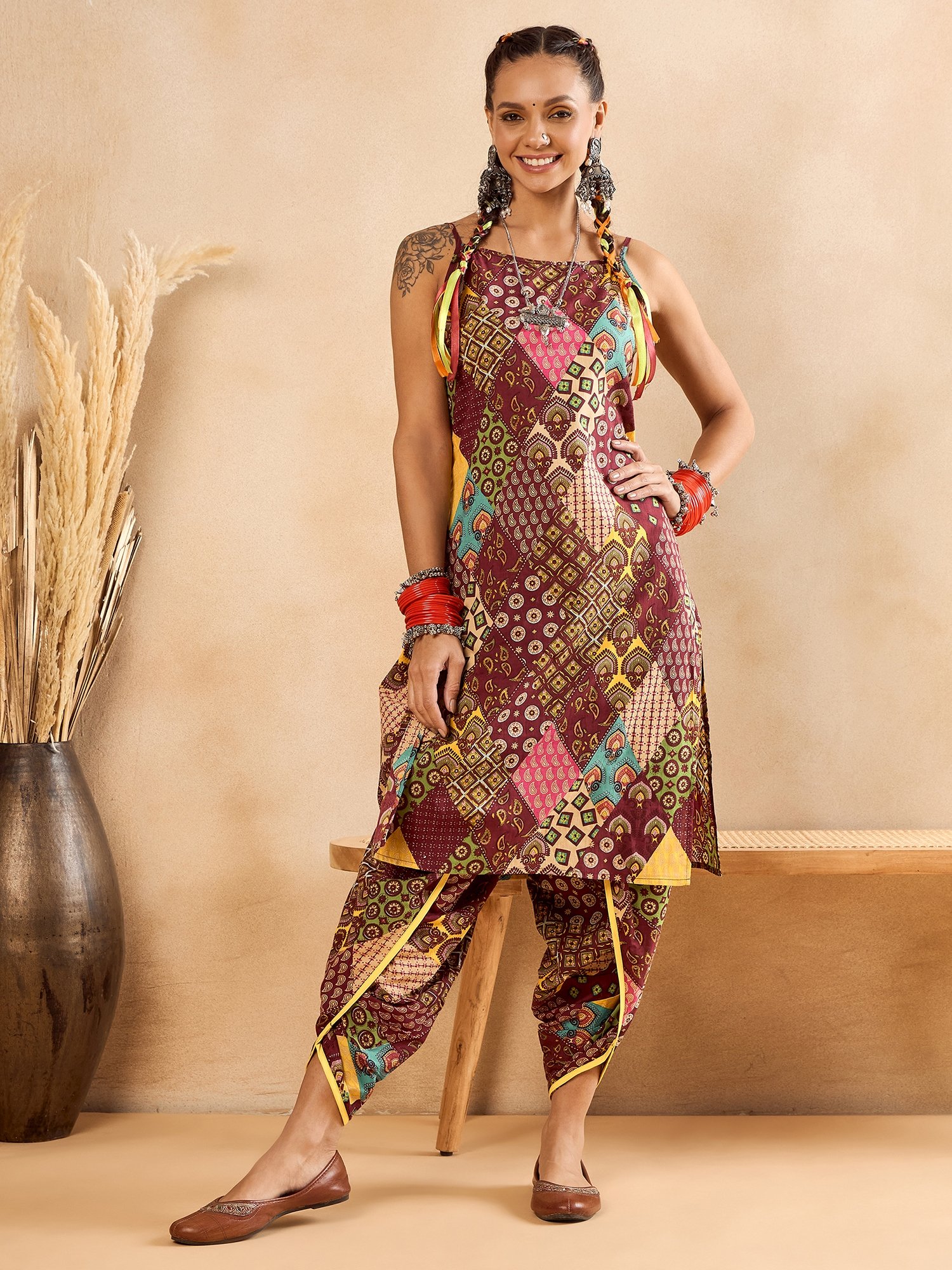 Multi-Pattern Cotton Tunic and Dhoti Trousers Set