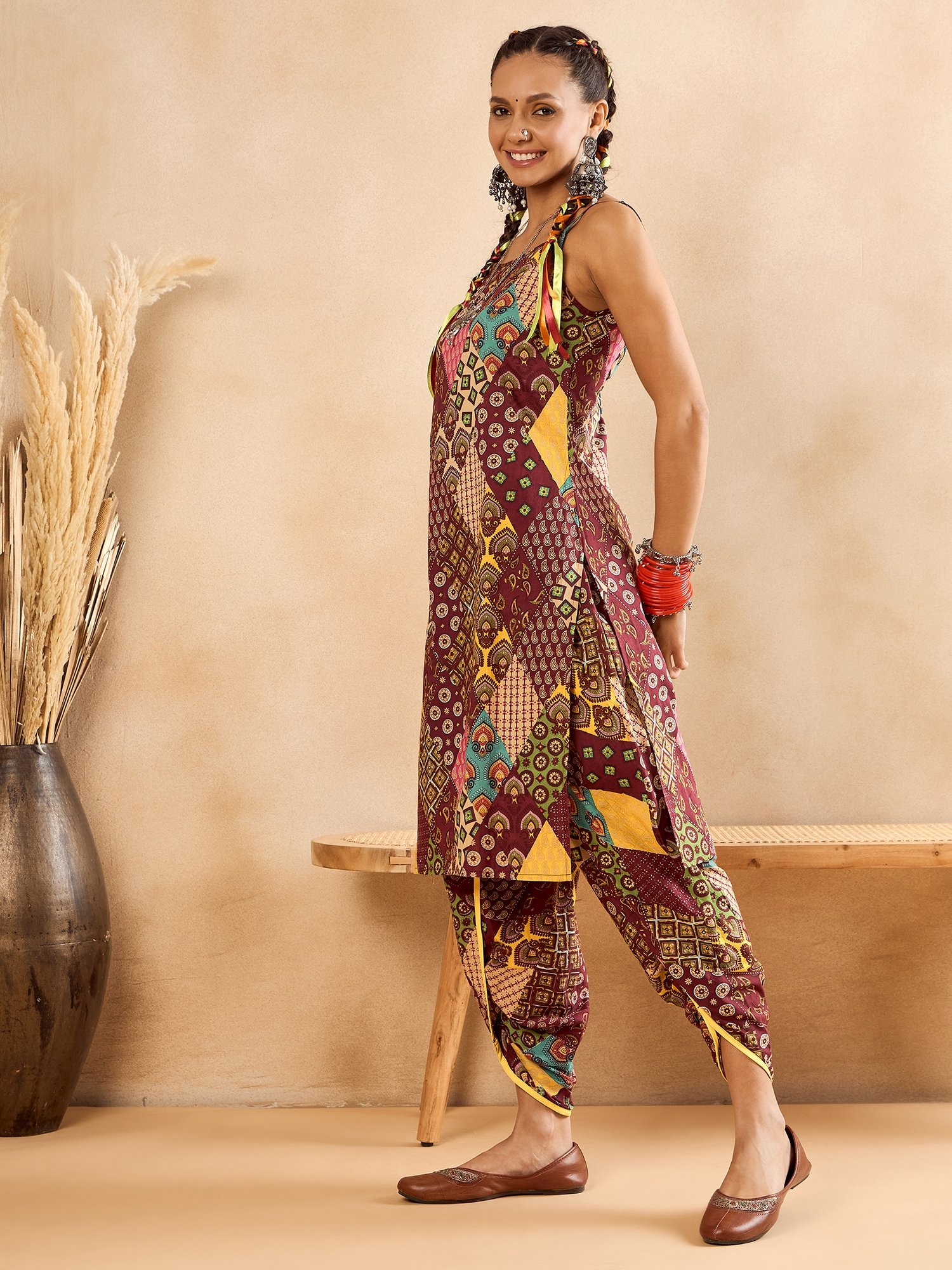Multi-Pattern Cotton Tunic and Dhoti Trousers Set