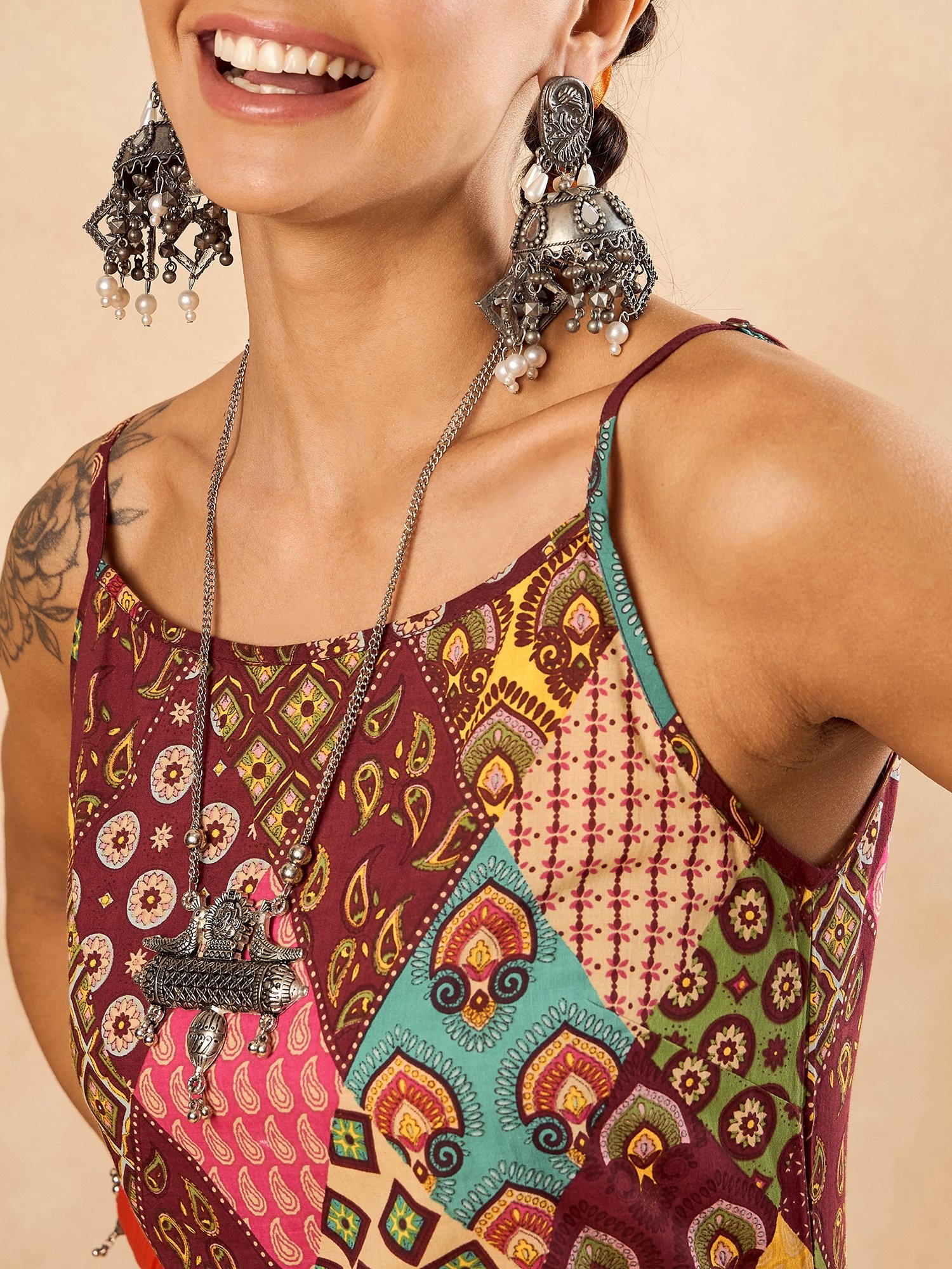 Multi-Pattern Cotton Tunic and Dhoti Trousers Set