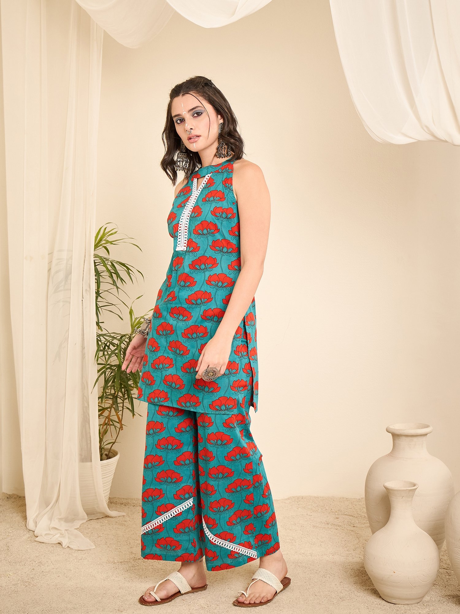 Teal Floral Tunic and Wide-Leg Pants Co-ord Set