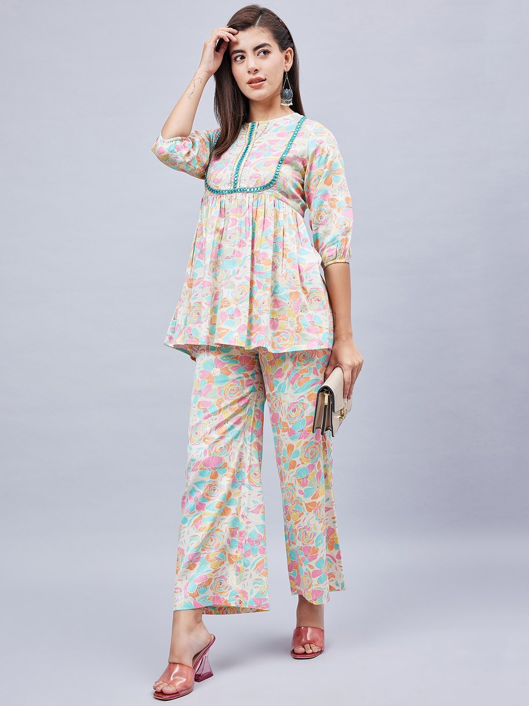 Off-White Floral Tunic and Wide Leg Pants Co-ord Set