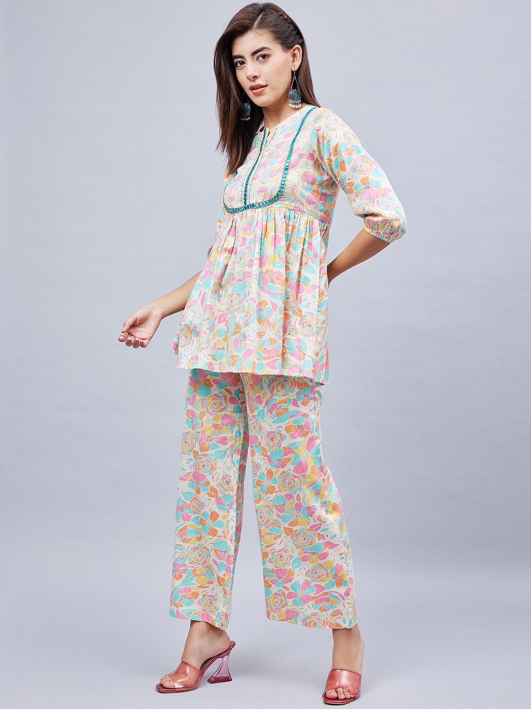 Off-White Floral Tunic and Wide Leg Pants Co-ord Set