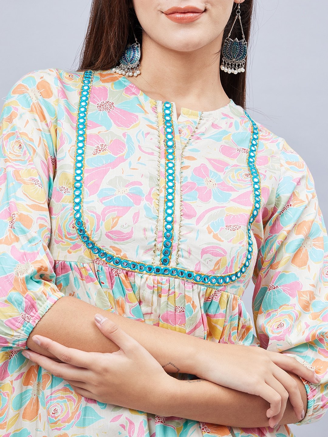 Off-White Floral Tunic and Wide Leg Pants Co-ord Set