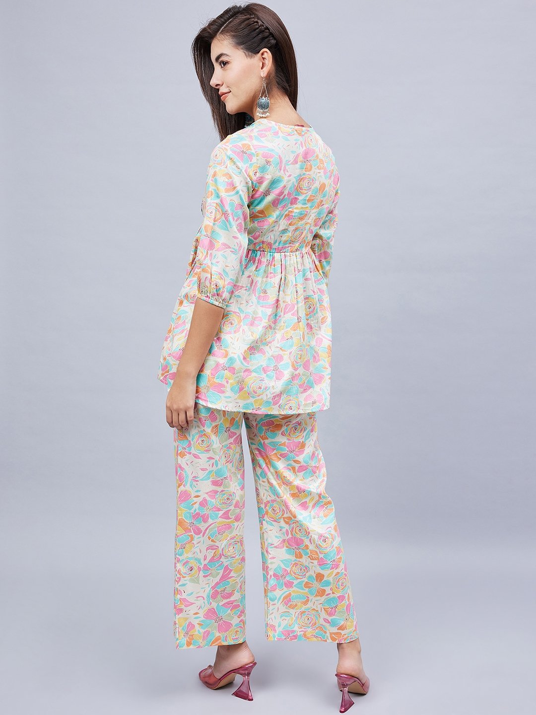 Off-White Floral Tunic and Wide Leg Pants Co-ord Set