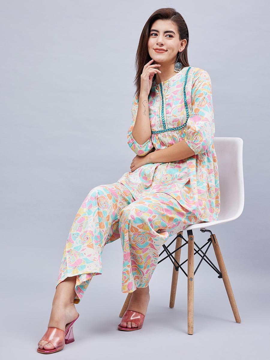 Off-White Floral Tunic and Wide Leg Pants Co-ord Set