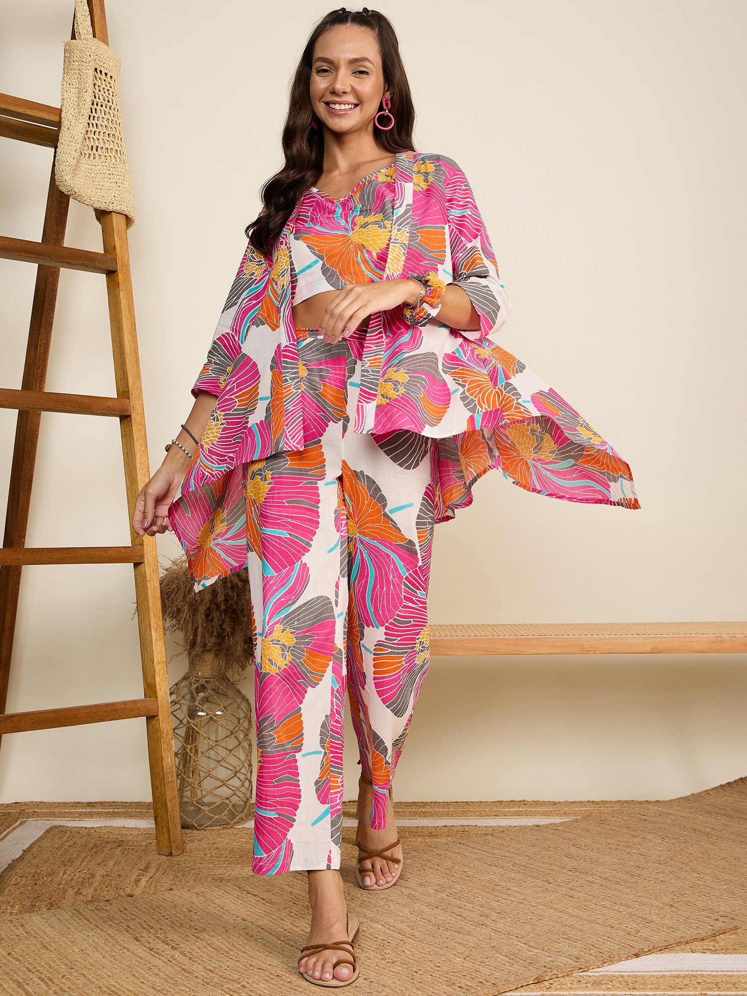 Pink Floral Top and Wide-Leg Pants Co-ord Set