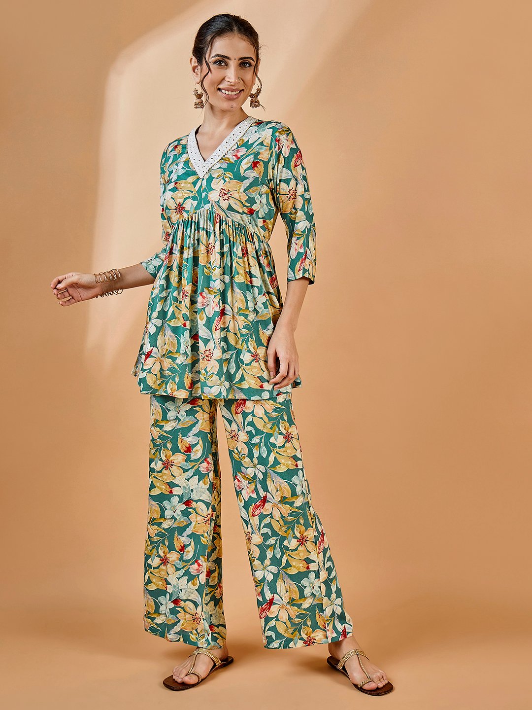 Teal Floral Top and Wide Leg Pants Co-Ord Set