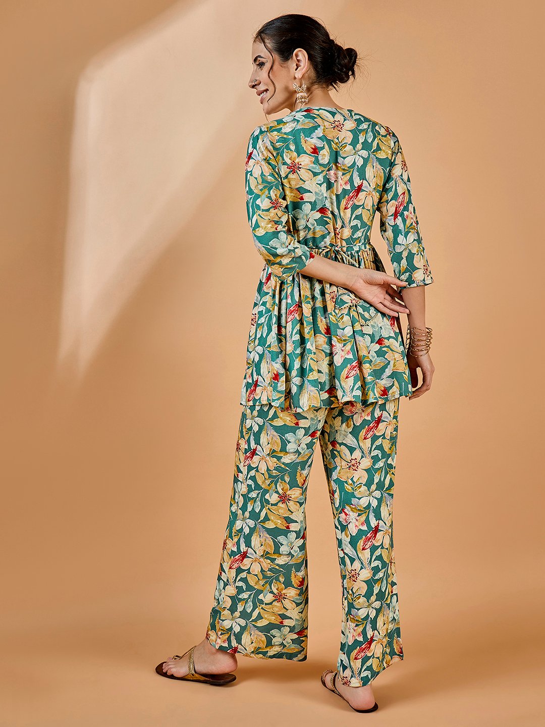 Teal Floral Top and Wide Leg Pants Co-Ord Set