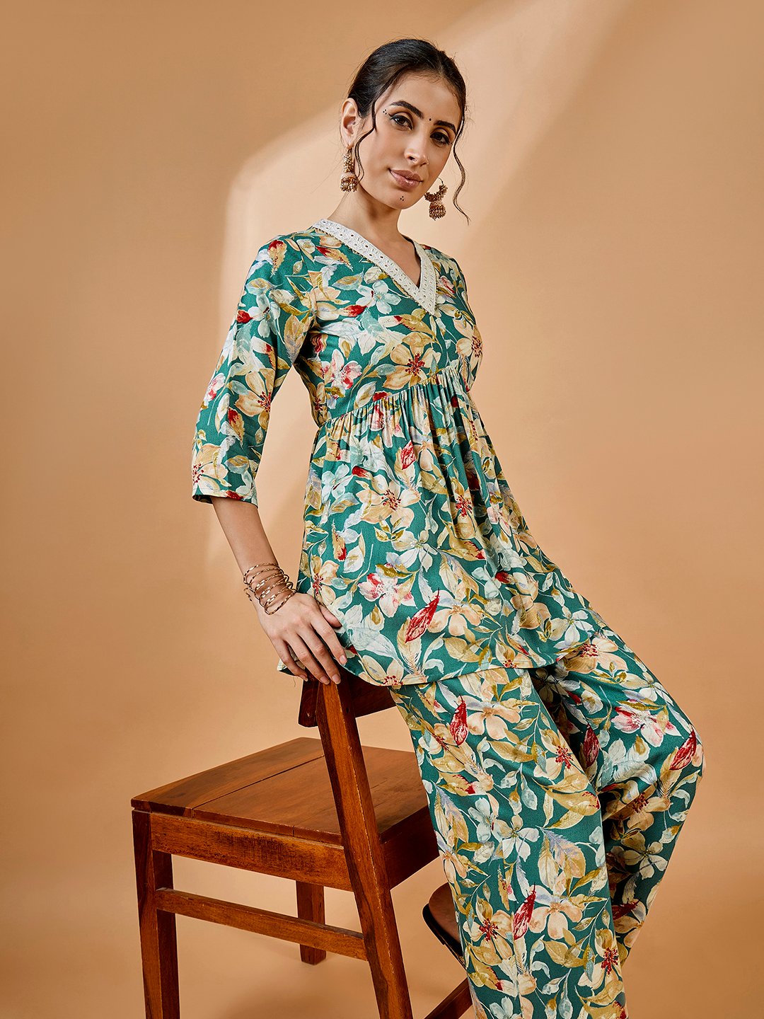 Teal Floral Top and Wide Leg Pants Co-Ord Set