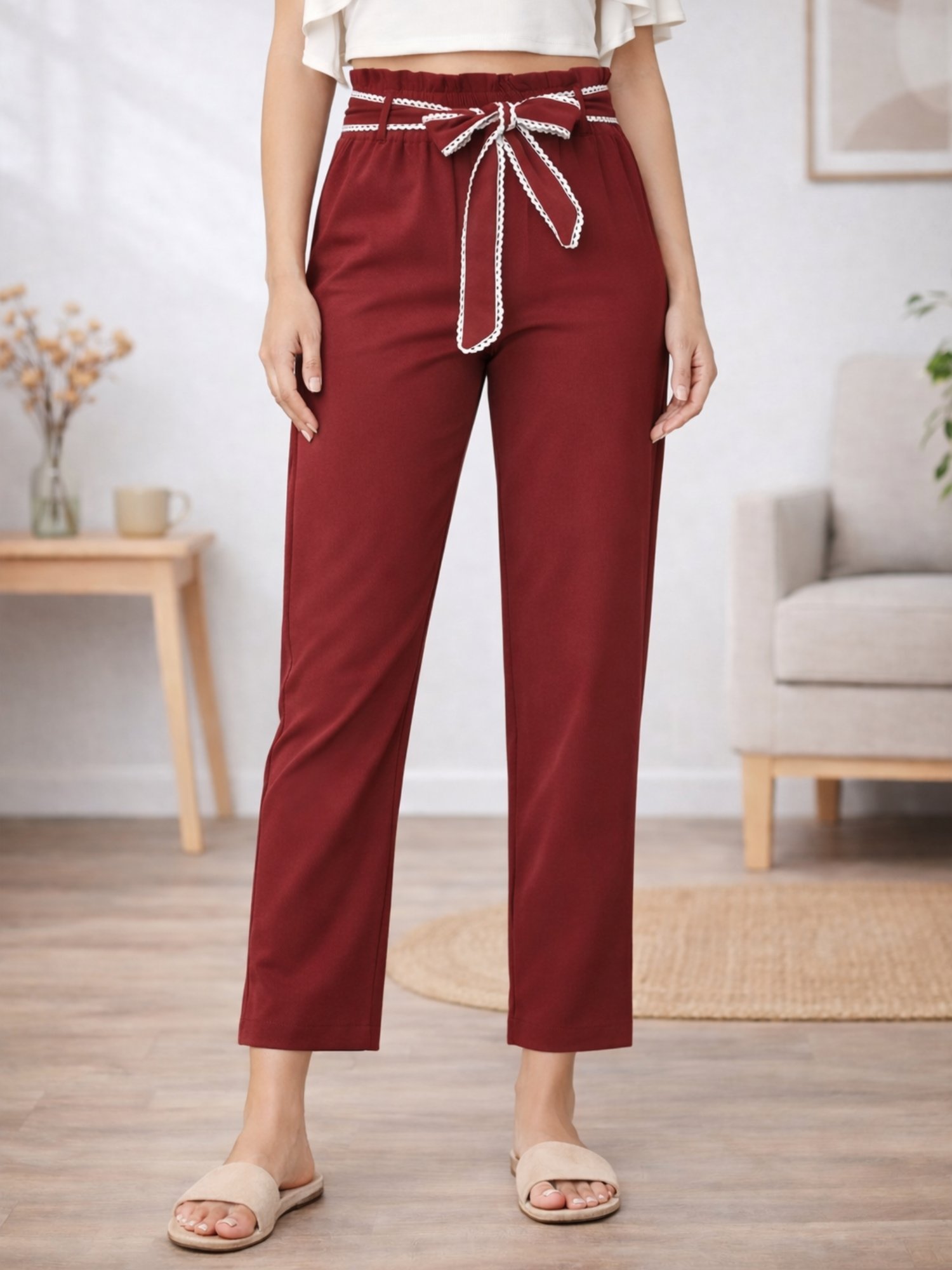 Burgundy High-Waist Trousers with Tie-Belt