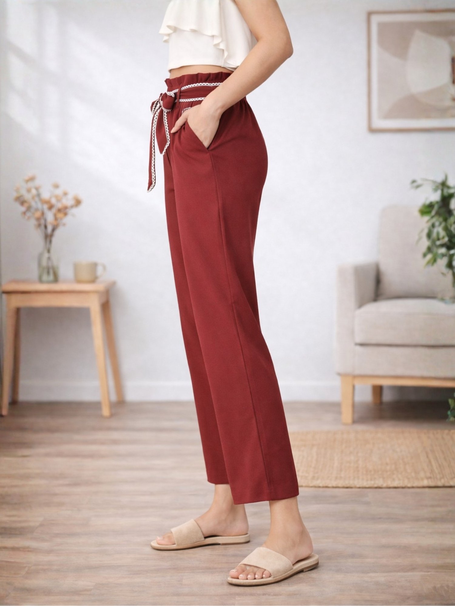 Burgundy High-Waist Trousers with Tie-Belt