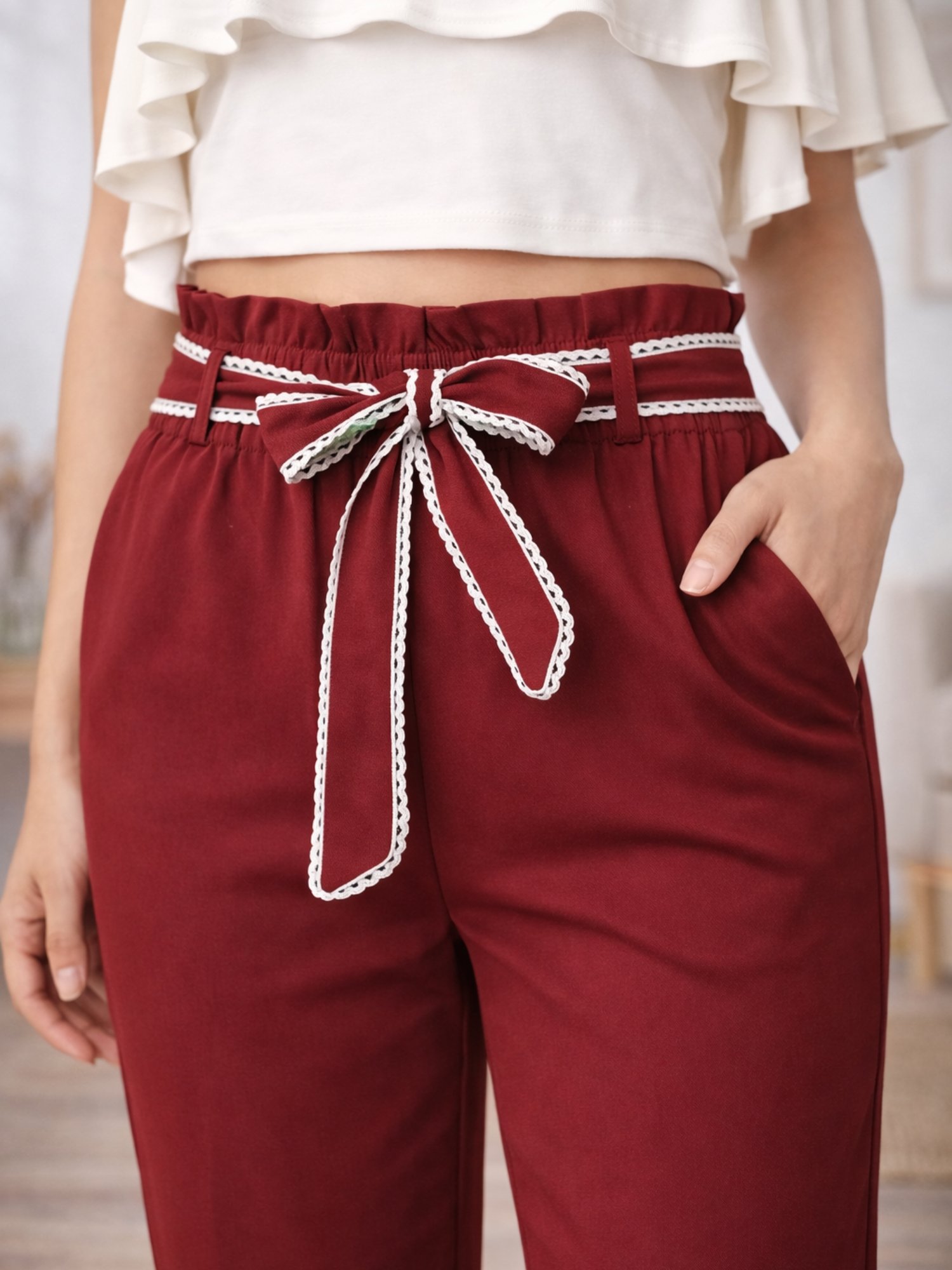 Burgundy High-Waist Trousers with Tie-Belt