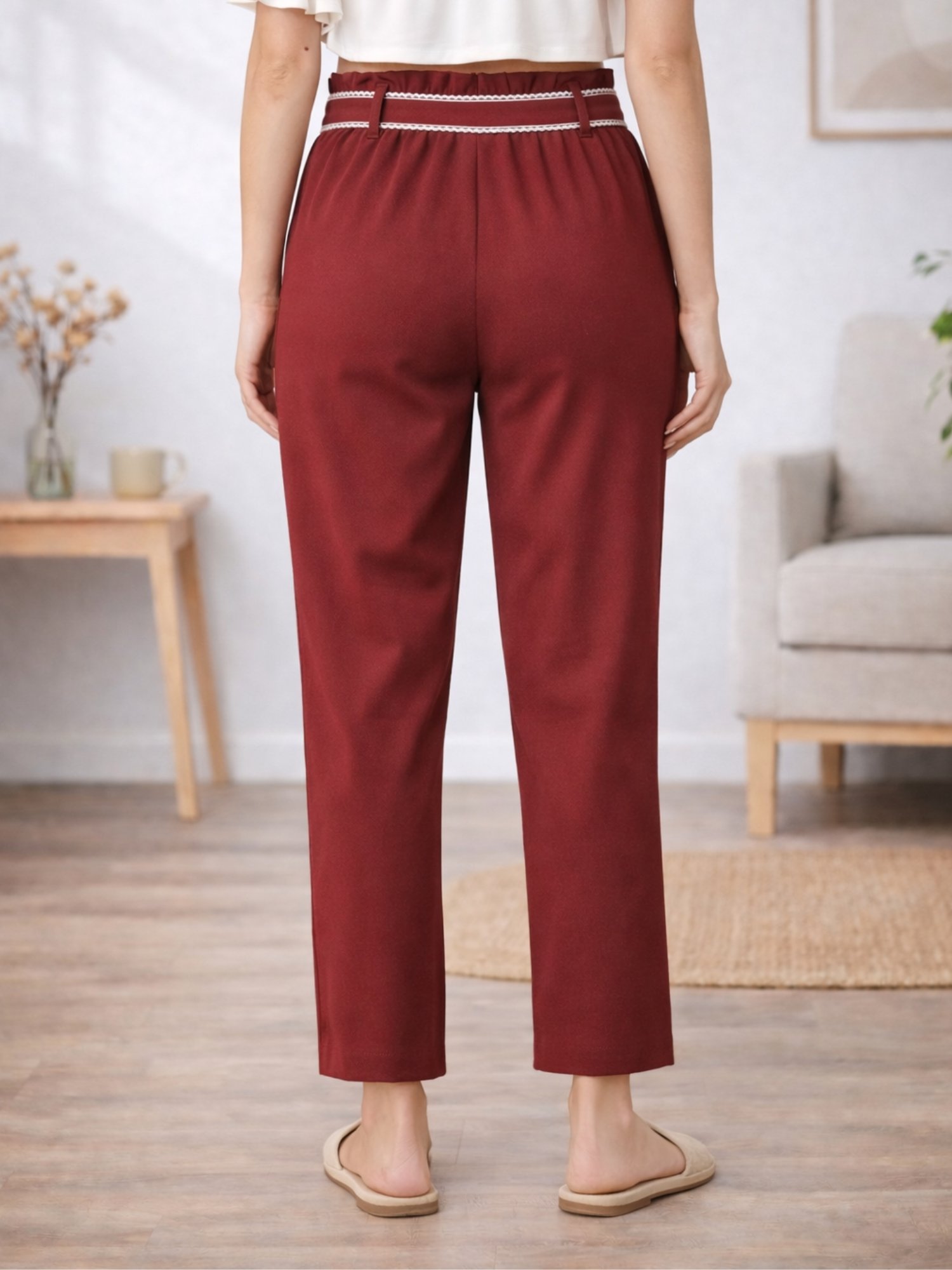 Burgundy High-Waist Trousers with Tie-Belt
