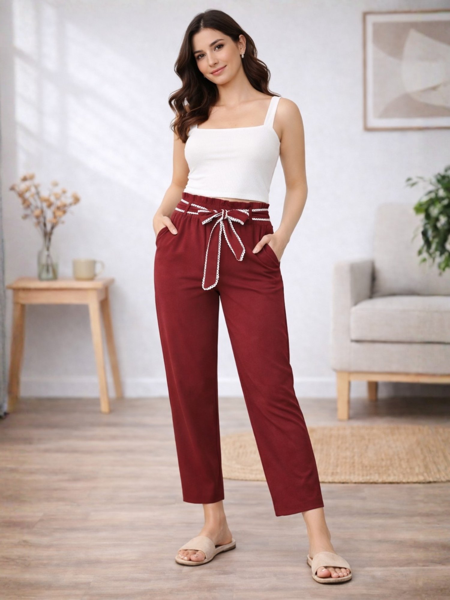 Burgundy High-Waist Trousers with Tie-Belt