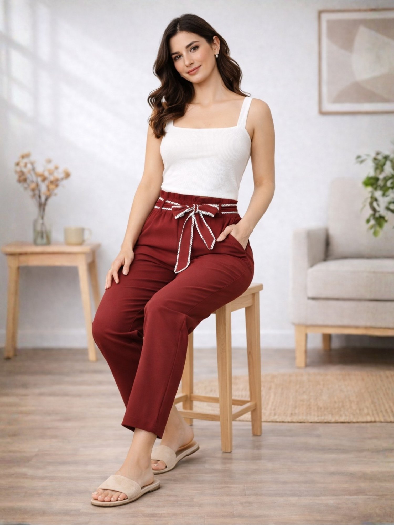 Burgundy High-Waist Trousers with Tie-Belt