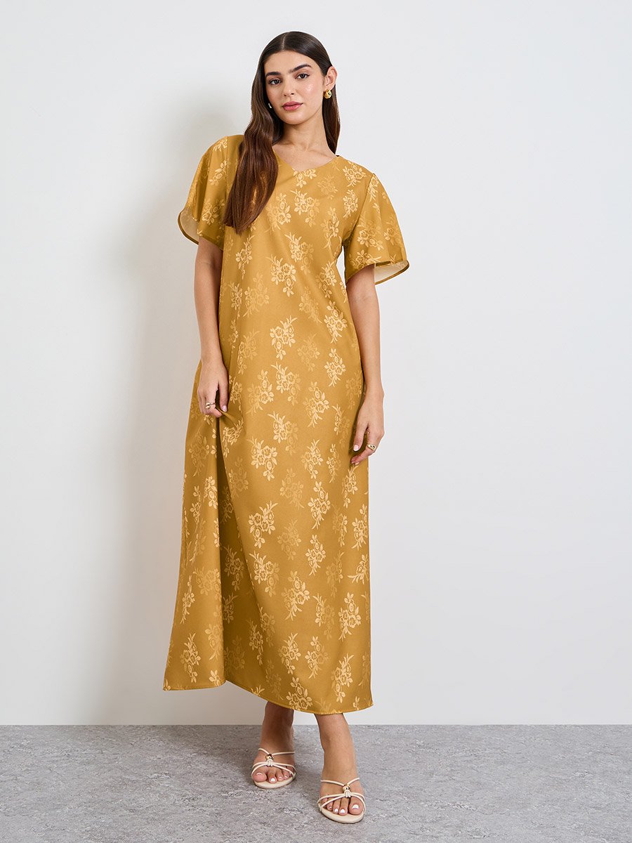 Mustard Floral A-Line Ankle-Length Maxi Jalabiya 