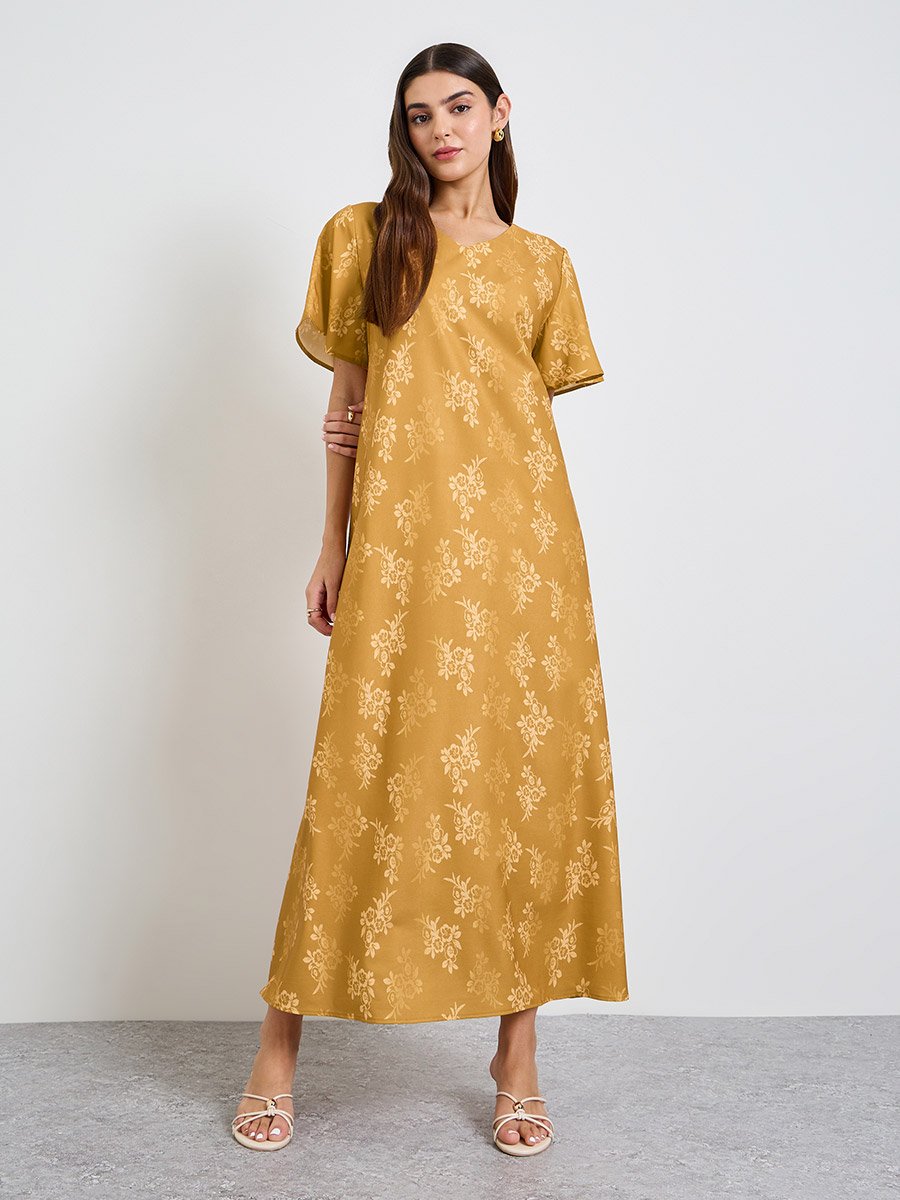 Mustard Floral A-Line Ankle-Length Maxi Jalabiya 