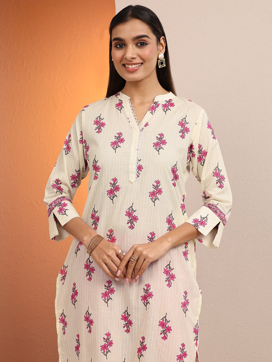 Off White Printed Cotton Straight Kurta