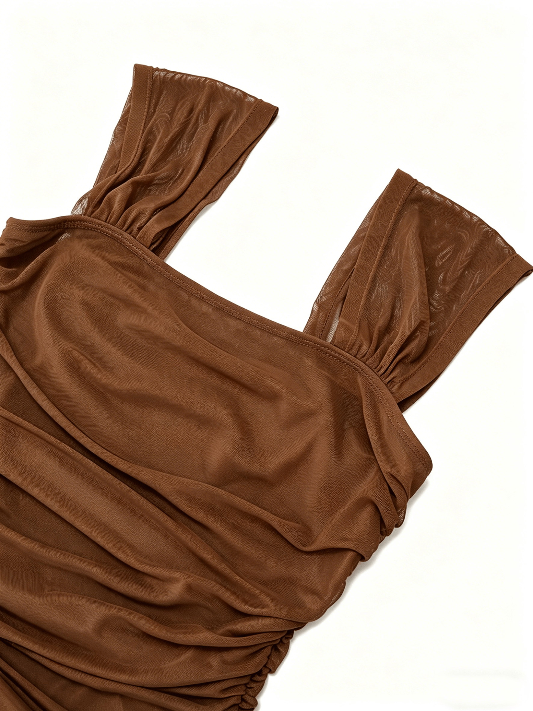 Brown Mesh Ruched Bodycon Maxi Dress