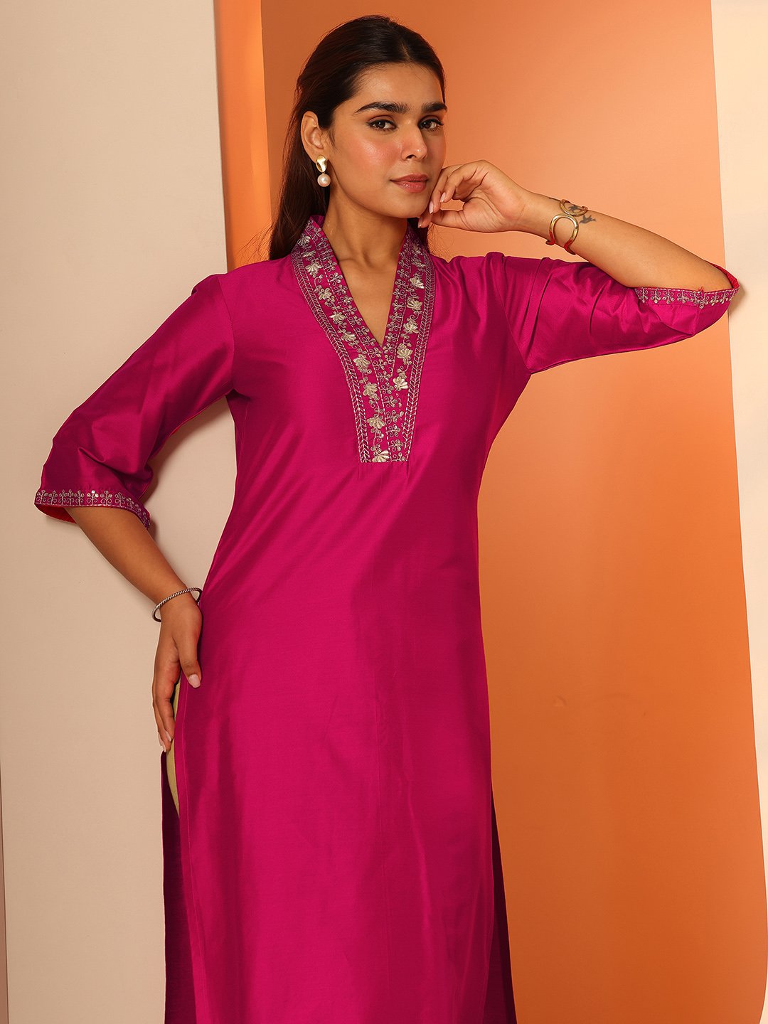 Pink Printed Silk Blend Straight Kurta