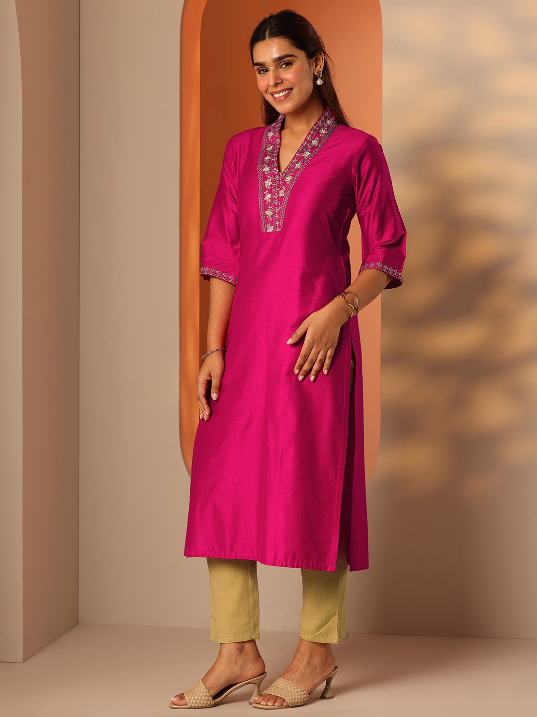 Pink Printed Silk Blend Straight Kurta