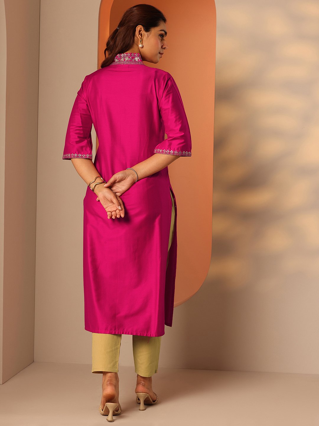 Pink Printed Silk Blend Straight Kurta