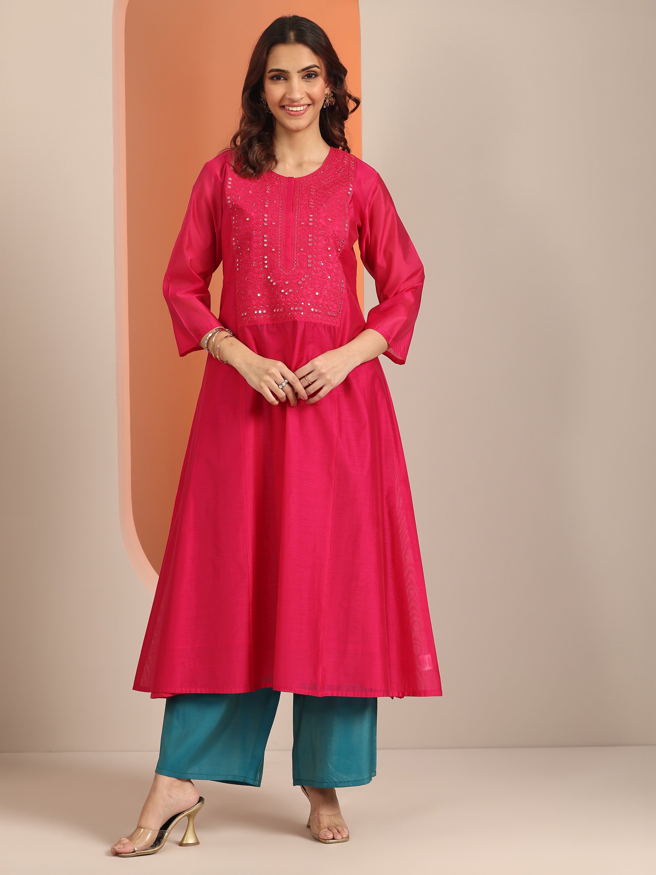 Pink Embroidered Silk Blend Straight Kurta