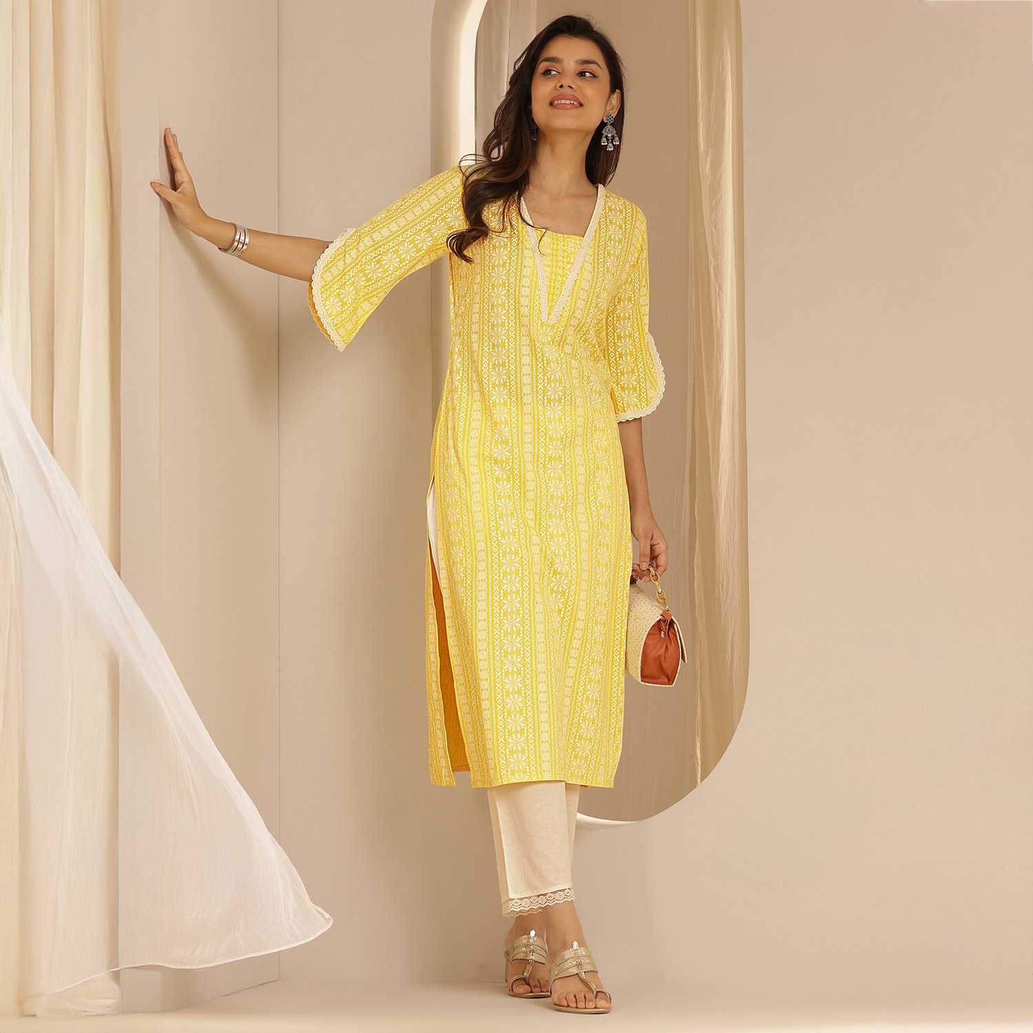 Yellow Printed Rayon Straight Kurta