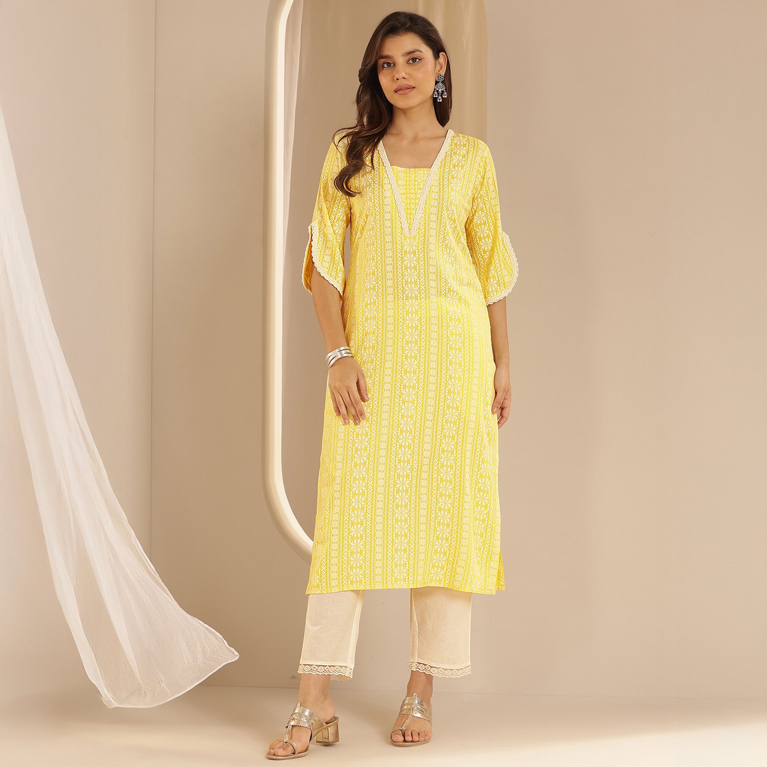 Yellow Printed Rayon Straight Kurta