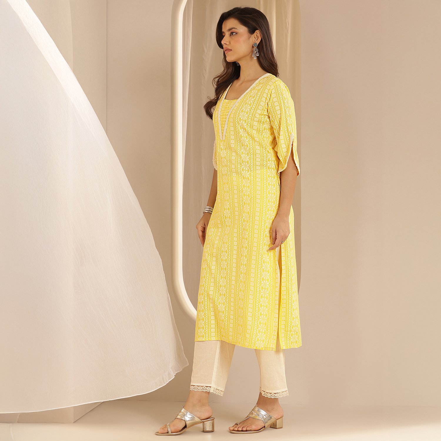 Yellow Printed Rayon Straight Kurta