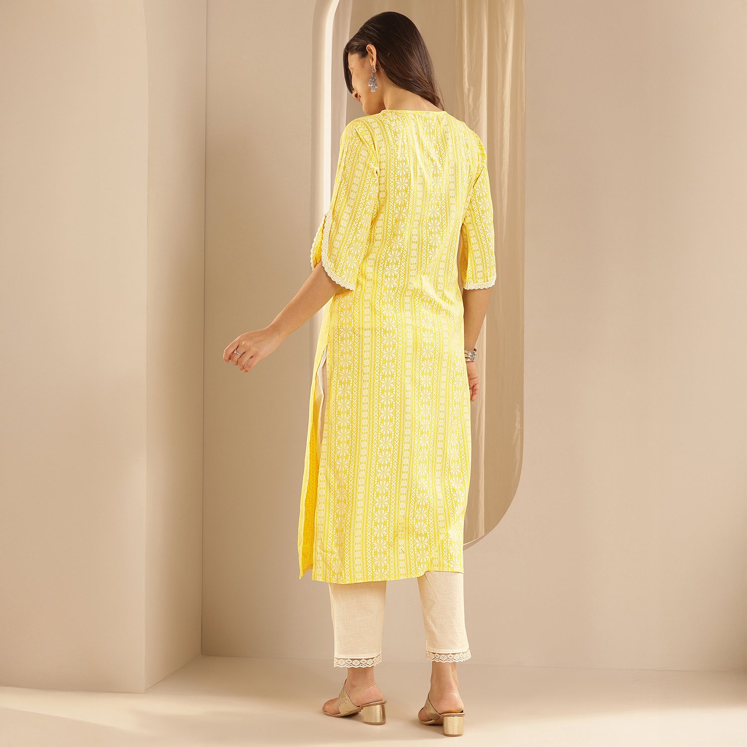 Yellow Printed Rayon Straight Kurta