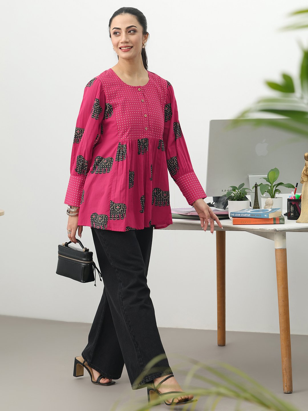 Pink Printed Cotton Blend A-Line Kurti